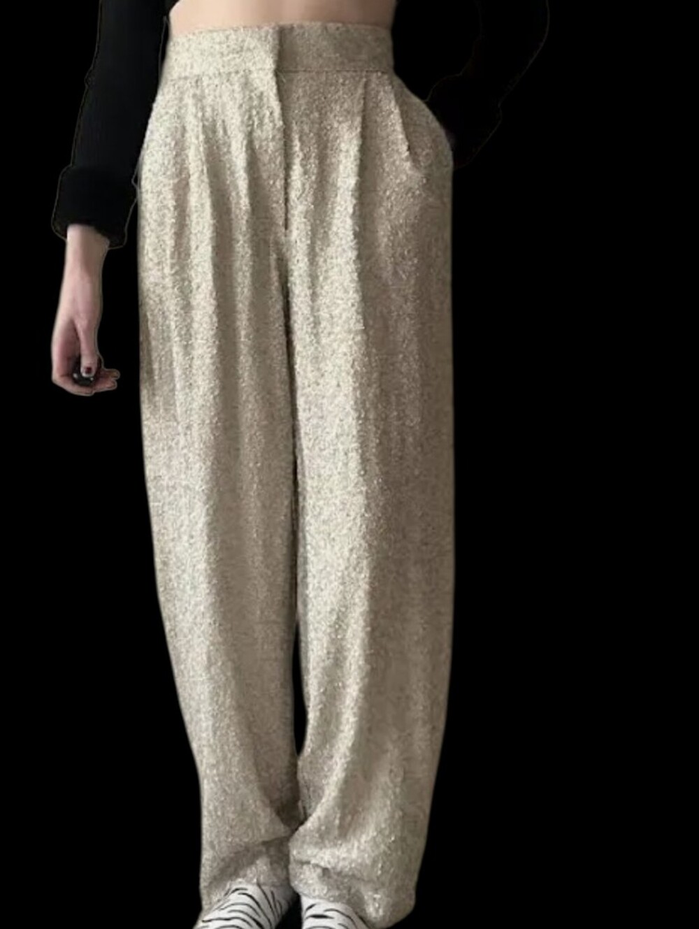 H&M Champagne Gold/Silver Matte Sequin High-Waist Wide-Leg Trousers
